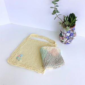 Baby Bib Set Hand Crafted Washcloth Cotton Yellow Green Unisex Floral Knit